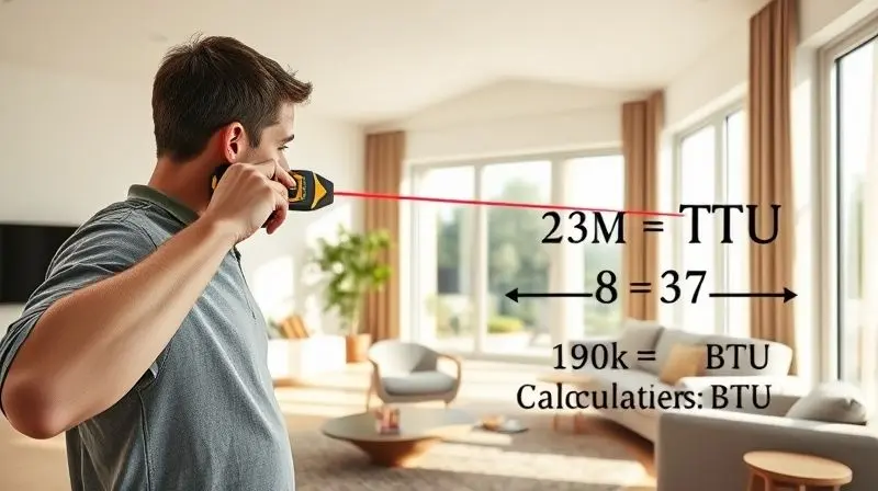 Pessoa medindo uma sala de estar com uma trena a laser para calcular os BTUs necessários para o ar-condicionado e climatizar o ambiente corretamente.