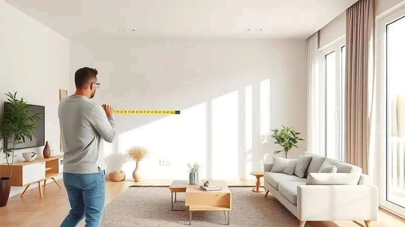 Pessoa medindo as dimensões de uma sala com uma fita métrica a laser para calcular a potência em BTUs correta para um ar-condicionado.