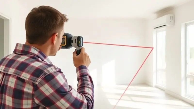 Pessoa utilizando uma trena a laser para medir as dimensões de um cômodo, representando a importância do cálculo de BTUs para o ar-condicionado.