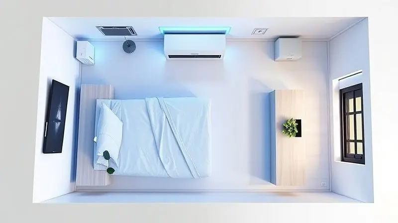 Planta baixa de um cômodo de até 15 metros quadrados sendo eficientemente climatizado por um ar-condicionado de 9000 BTUs, demonstrando sua capacidade.