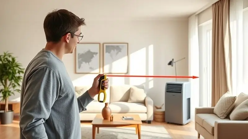 Pessoa medindo uma sala para escolher a capacidade em BTUs de um ar-condicionado portátil, garantindo a climatização ideal do ambiente.