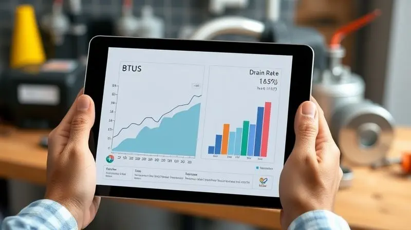 Técnico especialista analisando gráficos de capacidade de BTUs e vazão em um tablet para escolher a bomba de dreno ideal.