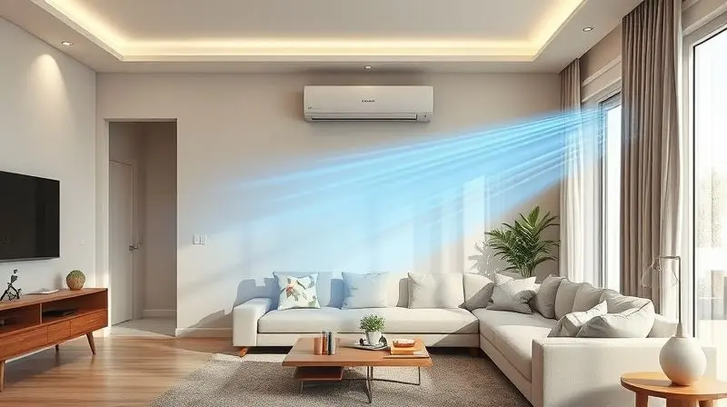 Visualização da capacidade de refrigeração de um ar-condicionado, com ar frio circulando em uma sala de estar moderna e confortável durante o verão.