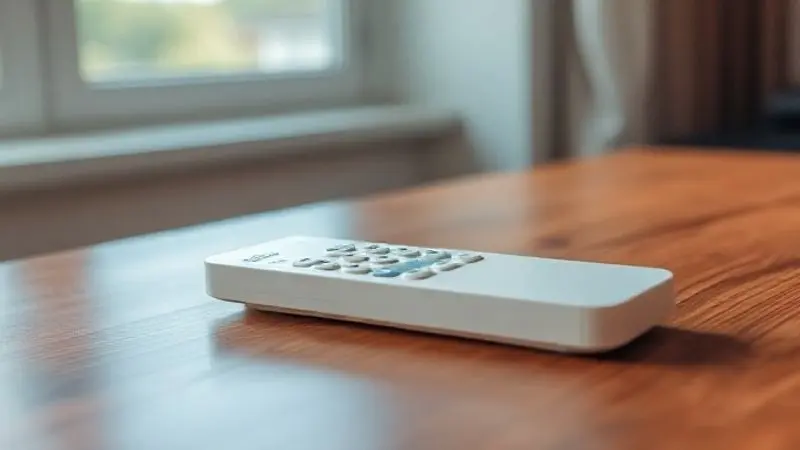 Controle remoto de um ar condicionado moderno sobre uma mesa, mostrando as principais características e funções do aparelho, como temperatura e modos.