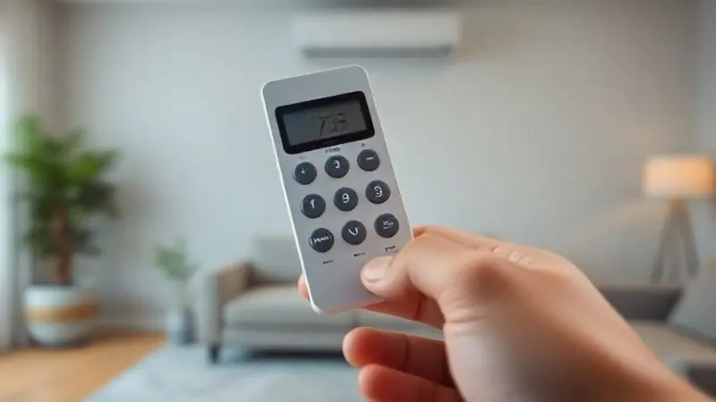 Close-up de uma mão segurando um controle remoto de ar-condicionado, destacando os botões de funções como refrigeração, velocidade e timer.