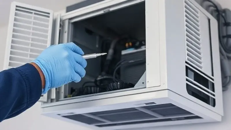 Técnico profissional usando ferramentas para inspecionar a parte interna de um ar-condicionado, indicando o momento de chamar a assistência autorizada.