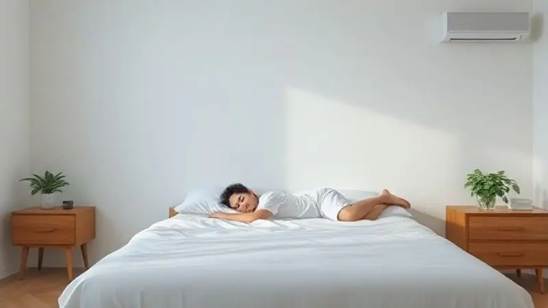 Quarto sereno com uma pessoa dormindo pacificamente, representando um ambiente de sono saudável e climatizado, benéfico para a saúde.