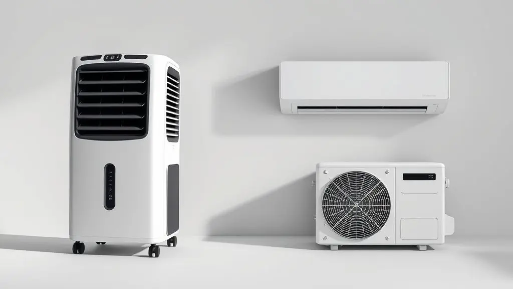 Um climatizador de ar moderno e um ar-condicionado split lado a lado em fundo neutro, para ilustrar a escolha entre os dois aparelhos.