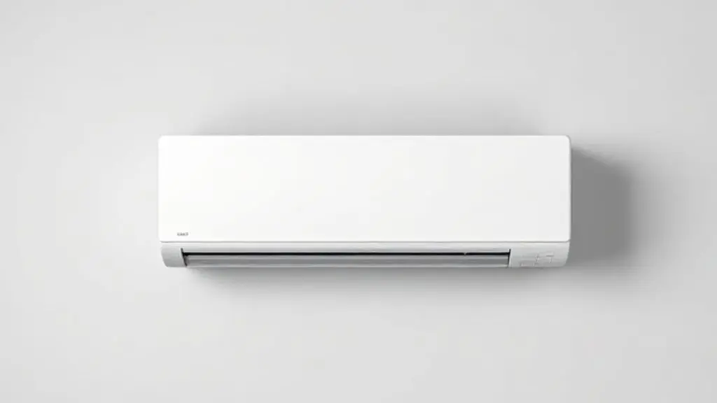Ar-condicionado split branco moderno em fundo neutro, representando a importância de calcular os BTUs corretos para a climatização ideal do ambiente.