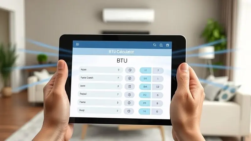 Pessoa utilizando um tablet com um aplicativo de calculadora para definir a potência correta em BTUs para seu ar-condicionado em uma sala de estar.