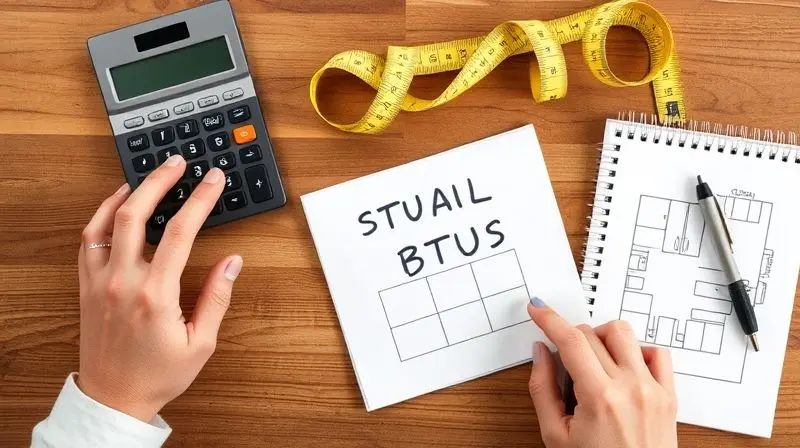 Mãos de uma pessoa utilizando calculadora, fita métrica e um bloco de anotações para realizar o cálculo prático de BTUs para um ar-condicionado.