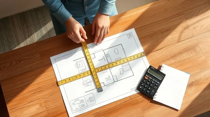 Pessoa medindo a planta de um cômodo com fita métrica e calculadora para fazer o cálculo de BTUs ideal para o ar-condicionado.
