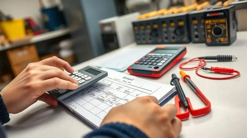 Mãos de um eletricista profissional utilizando uma calculadora e fazendo anotações para determinar a amperagem correta do disjuntor para um ar-condicionado.