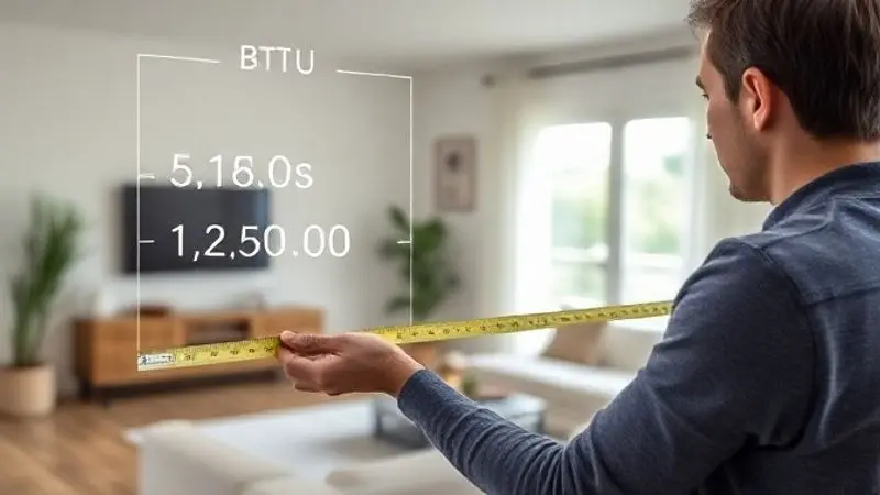 Pessoa medindo uma sala com uma fita métrica para calcular a potência em BTUs necessária para o ar-condicionado, com uma sobreposição gráfica.