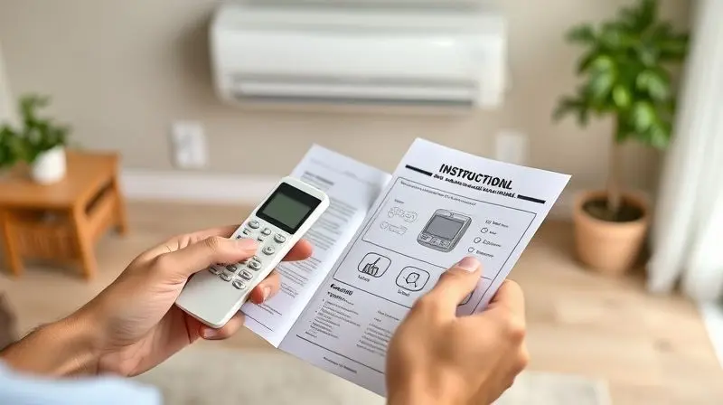 Pessoa sentada em um sofá lendo o manual de instruções para configurar seu novo controle remoto universal de ar-condicionado.