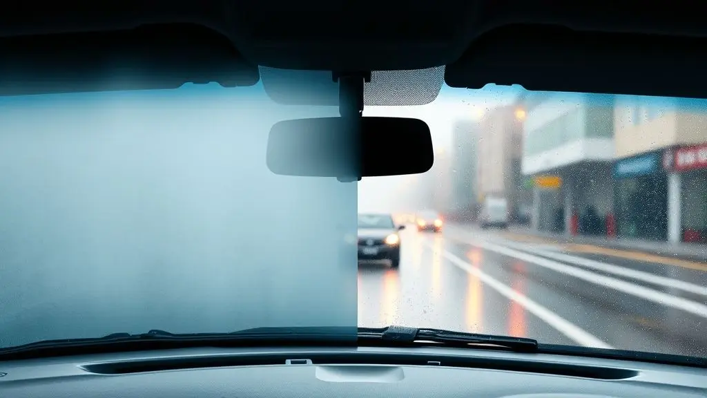 Para-brisa de um carro sendo desembaçado, com metade do vidro ainda embaçado e a outra metade perfeitamente cristalina, mostrando o antes e depois.