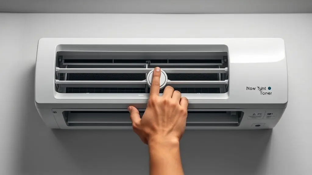 Uma pessoa desligando um ar-condicionado split branco pelo botão manual, mostrando uma solução para quando se perde o controle remoto.