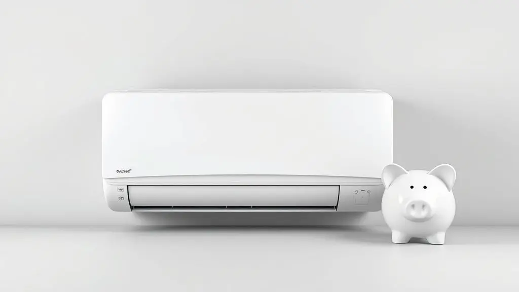 Um ar-condicionado split branco e um cofrinho de porco simbolizando como economizar energia com o aparelho e reduzir a conta de luz.