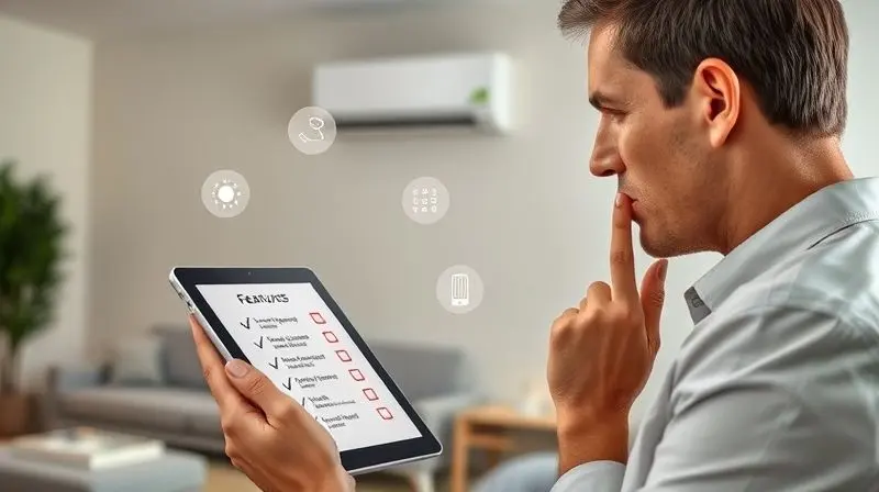 Pessoa utilizando um tablet para comparar características e escolher o melhor ar-condicionado 9000 BTUs para sua casa, focando em eficiência e funções.