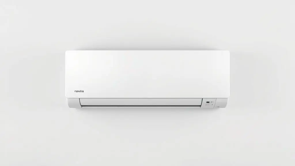 Um ar-condicionado split moderno e econômico posicionado centralmente, representando a escolha inteligente para economizar na conta de luz e ter mais conforto.
