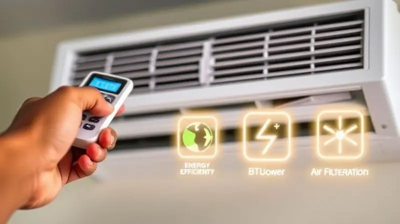 Guia sobre o que analisar em um ar condicionado HQ, com ícones de eficiência energética, BTUs e filtragem de ar, ajudando na escolha do modelo ideal.