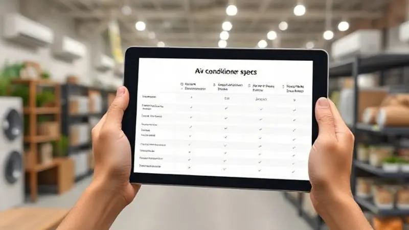 Pessoa analisando um checklist e comparando modelos de ar-condicionado em um tablet, tomando uma decisão informada sobre qual aparelho comprar.
