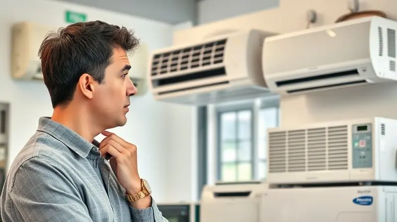 Pessoa em uma loja comparando diferentes tipos de ar-condicionado para decidir qual o modelo ideal para seu quarto.