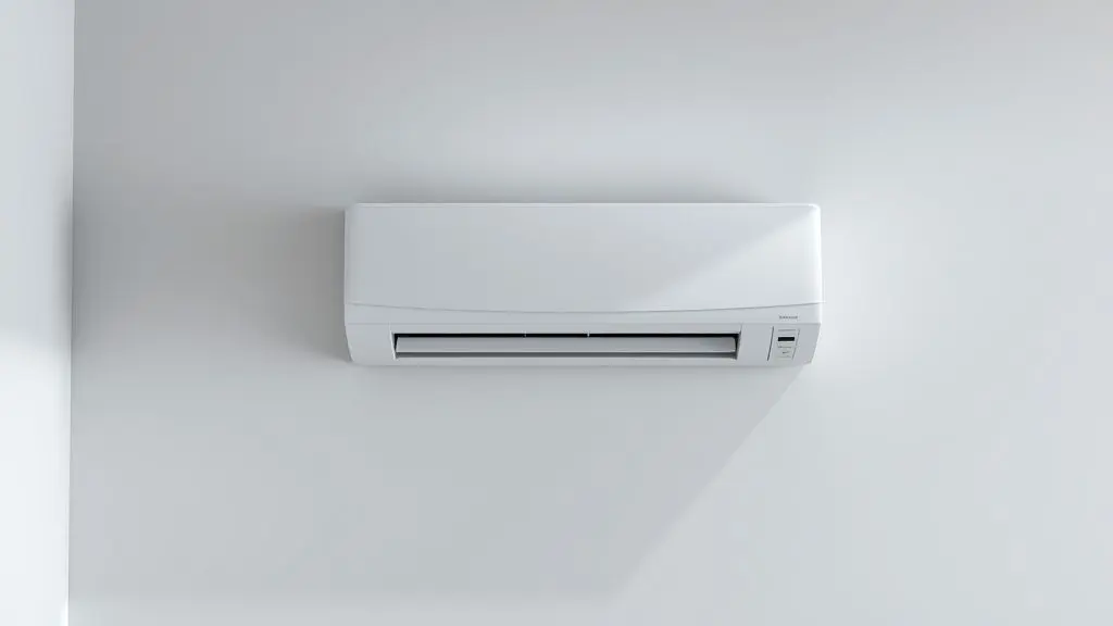 Ar-condicionado split moderno e silencioso, totalmente sem marca, instalado de forma centralizada em uma parede de cor neutra, evocando tranquilidade.