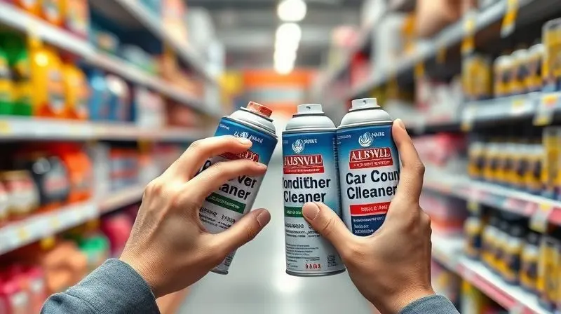 Consumidor escolhendo entre diferentes tipos de limpa ar-condicionado automotivo em uma loja, seguindo um guia de compra.