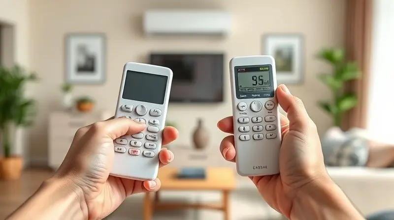 Pessoa indecisa segurando dois controles remotos de ar-condicionado, ilustrando o guia de como escolher o melhor aparelho para suas necessidades.