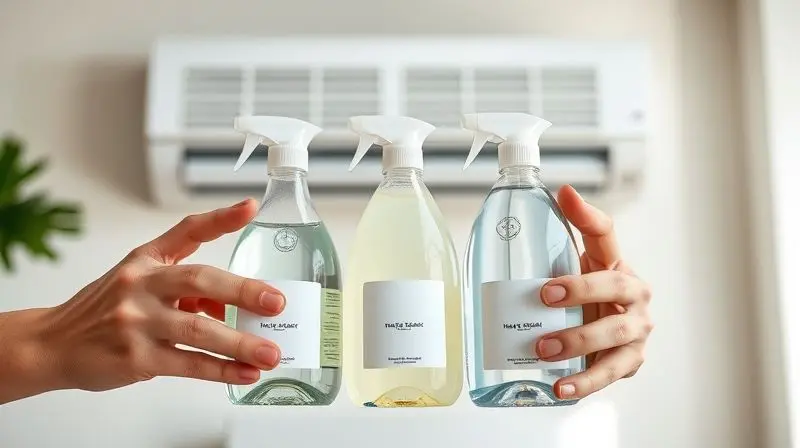 Mãos de uma pessoa comparando diferentes frascos de produtos de limpeza com um ar condicionado ao fundo para ilustrar a escolha do item ideal.