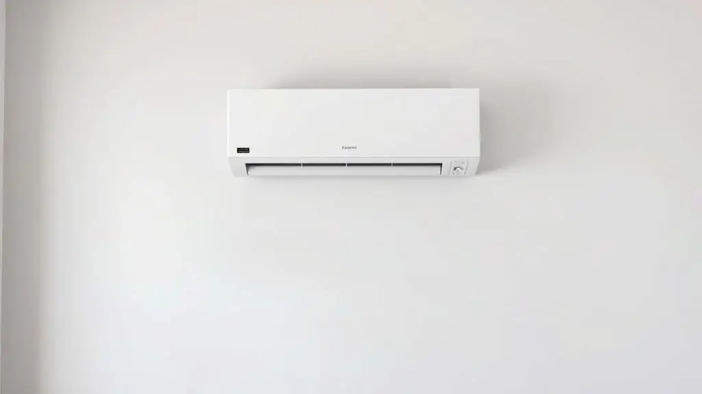 Ambiente de sala de estar moderna e minimalista com ar-condicionado split branco instalado na parede, com a tubulação completamente oculta e embutida.