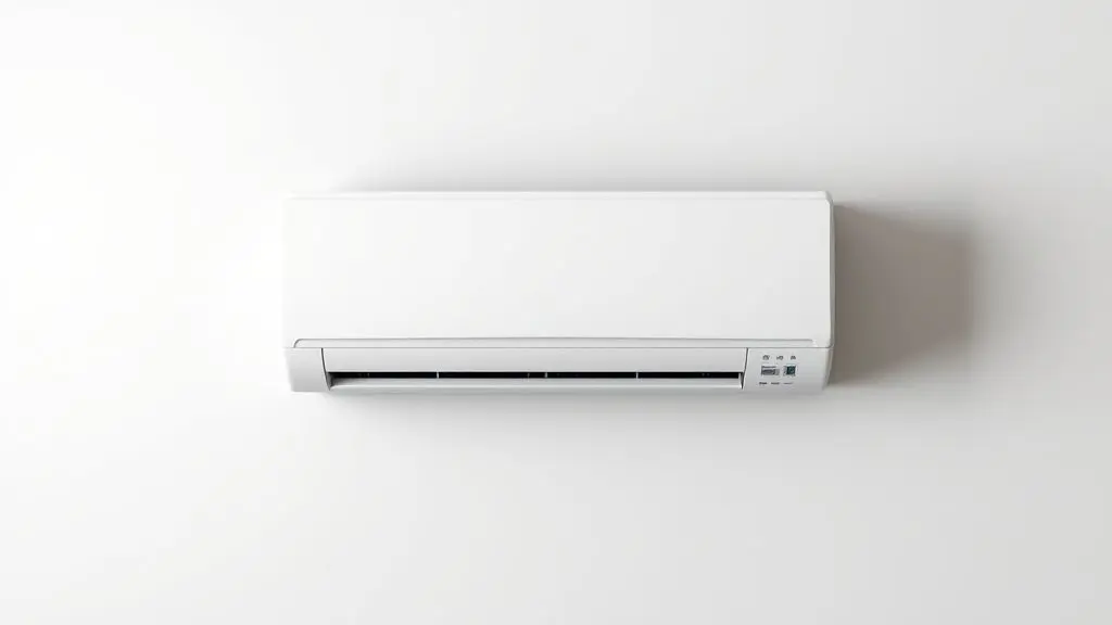 Um ar-condicionado split moderno e branco, totalmente sem marca, instalado em uma parede de cor neutra, ilustrando o guia sobre seu funcionamento.