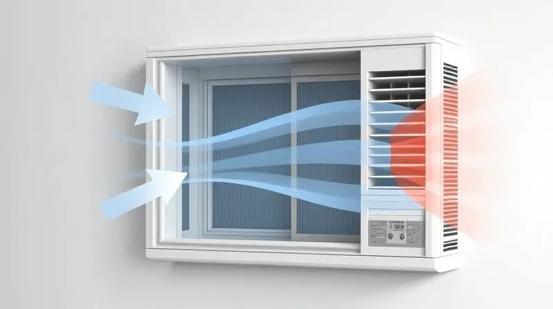 Ilustração conceitual do funcionamento interno de um ar-condicionado de janela, mostrando o ciclo de refrigeração e o fluxo de ar quente e frio.