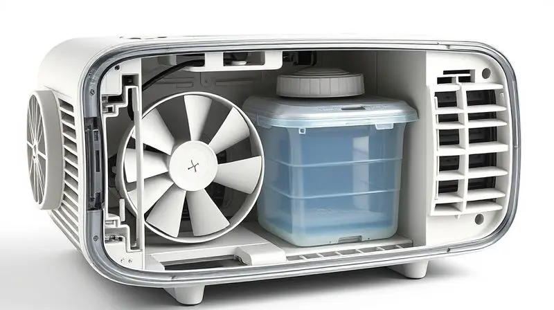 Vista em corte de um ar-condicionado portátil mostrando seu funcionamento interno, com ventilador e sistema de refrigeração visíveis.