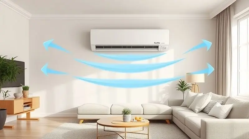 Ilustração do funcionamento de um ar condicionado portátil split, mostrando o fluxo de ar frio circulando em uma sala de estar moderna e bem iluminada.