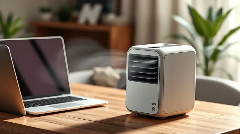 Demonstração de como funciona um mini ar-condicionado portátil em uma mesa de escritório, emitindo uma névoa refrescante ao lado de um notebook.