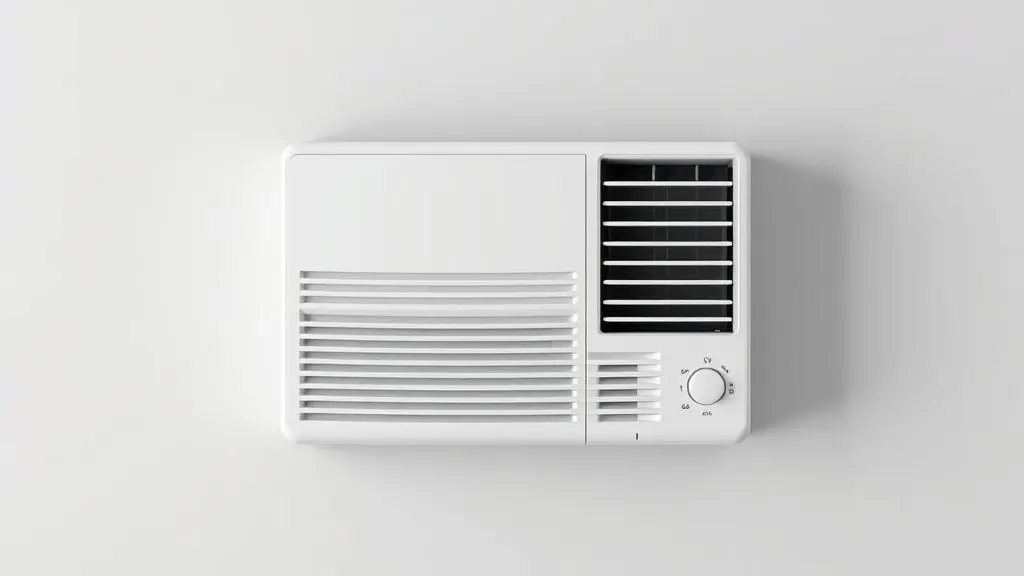Um moderno ar-condicionado de janela branco sem marca, visto de frente em um fundo neutro, pronto para ser instalado por um profissional.