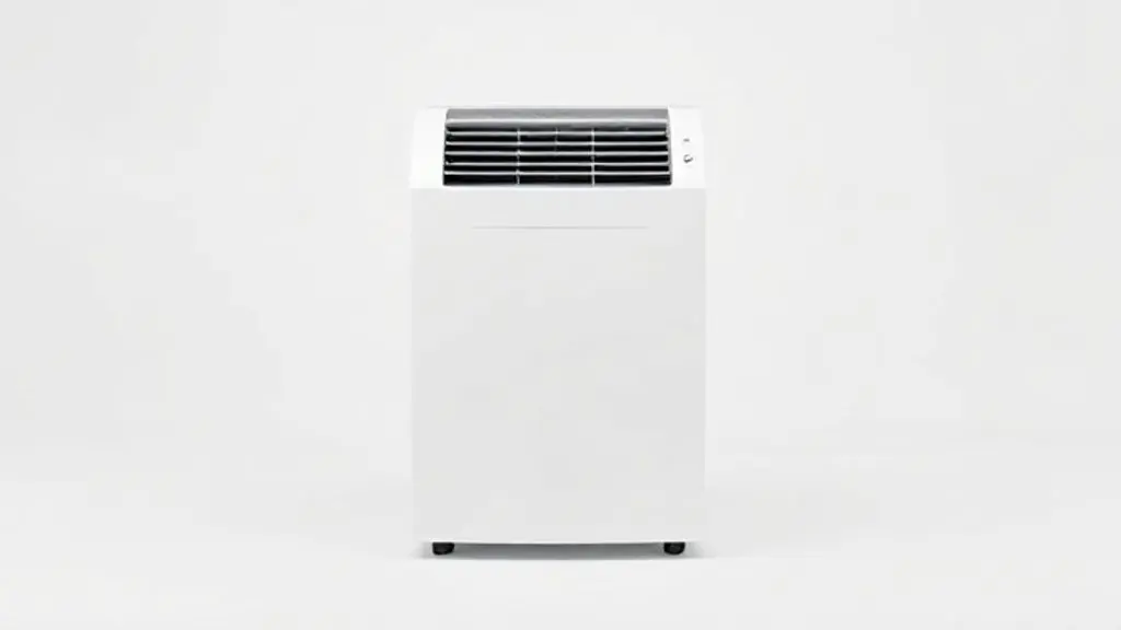 Um ar-condicionado portátil moderno e branco, sem marca, fotografado em estúdio com iluminação profissional, destacando seu design e texturas.