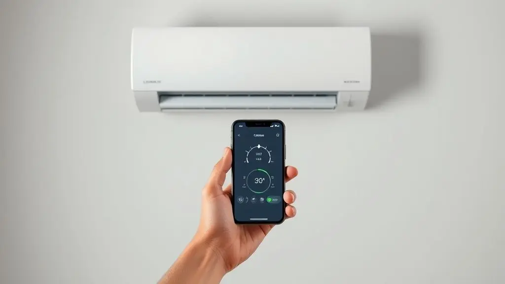 Pessoa usando um smartphone para ligar e controlar um ar-condicionado split branco e moderno na parede, ilustrando a automação residencial.