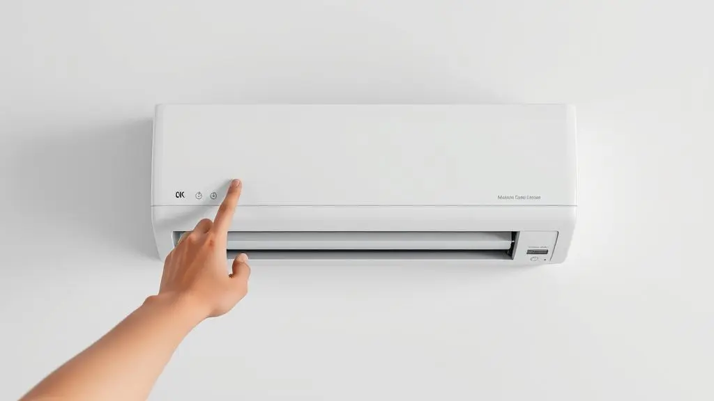 Close de uma mão prestes a apertar o botão manual de um aparelho de ar-condicionado moderno, ilustrando como ligar o equipamento sem o controle remoto.