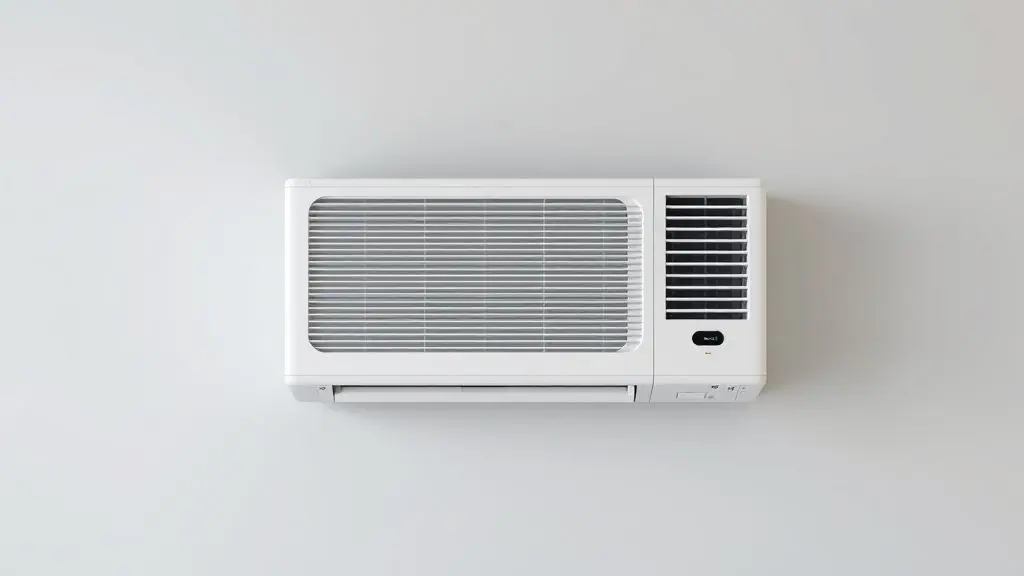Um ar-condicionado split branco, moderno e limpo, instalado numa parede de tom neutro, destacando a importância da limpeza para a eficiência do aparelho.