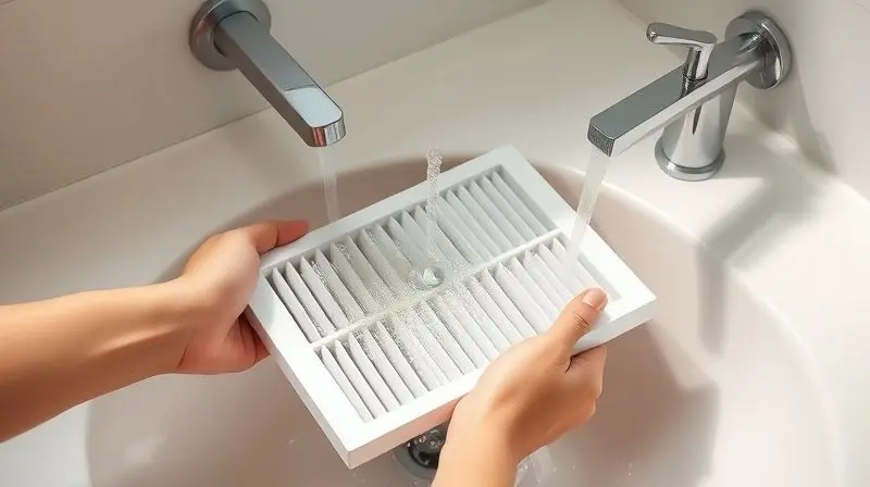 Demonstração da limpeza correta de um filtro de ar-condicionado, sendo lavado suavemente em água corrente para remover a poeira.