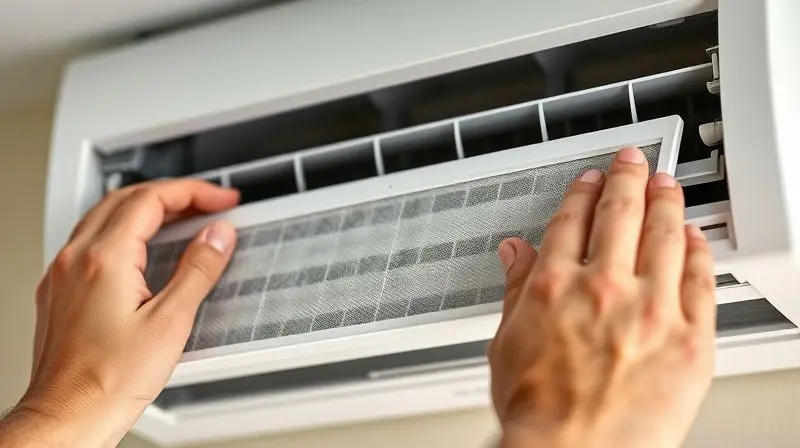Pessoa realizando a limpeza do filtro de um ar-condicionado split para garantir o bom funcionamento e a qualidade do ar.