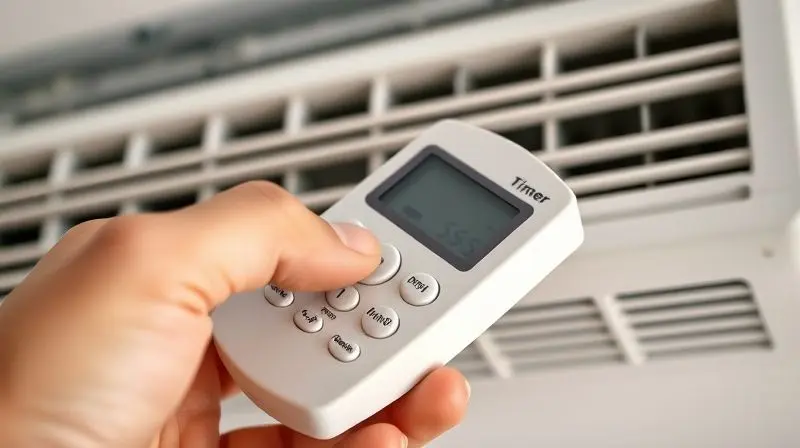 Demonstração passo a passo de uma pessoa ajustando o tempo no controle remoto do ar-condicionado para ativar a função Timer.