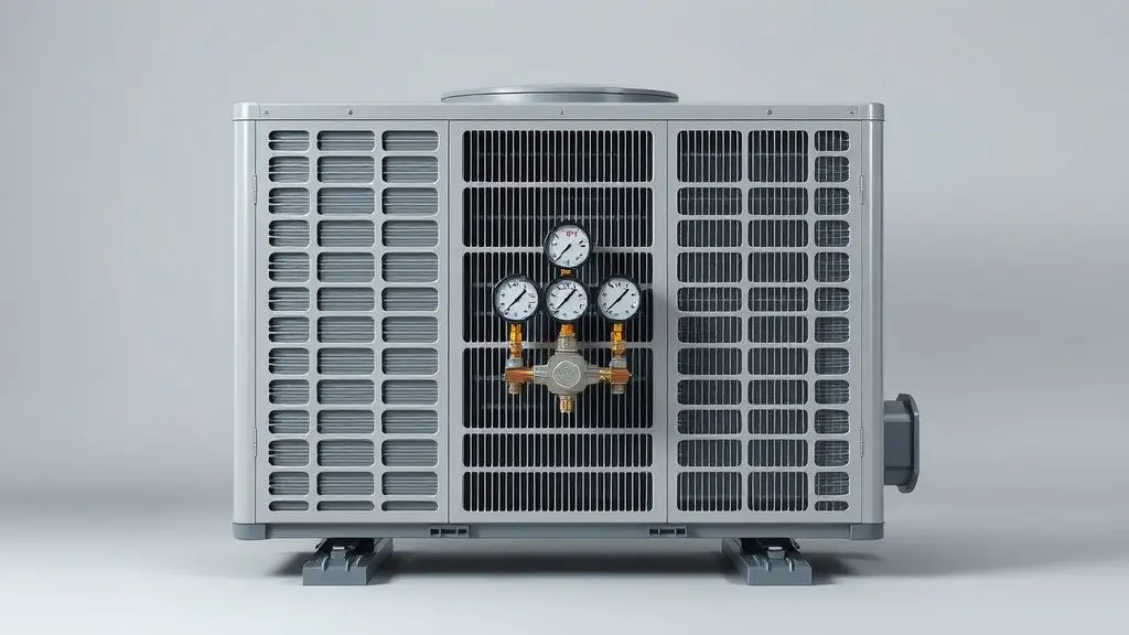 Unidade condensadora de ar-condicionado com manômetro profissional conectado, ilustrando o processo técnico de recolhimento de gás refrigerante.