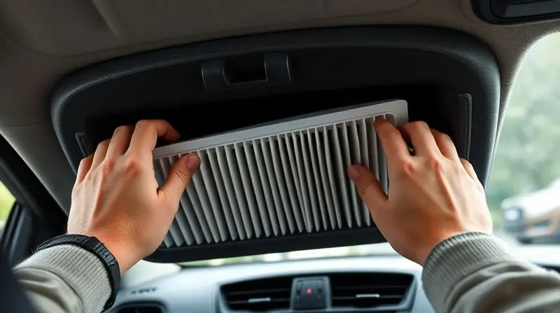Imagem mostrando o passo a passo da troca do filtro de ar-condicionado de cabine de um carro, acessado através do porta-luvas.