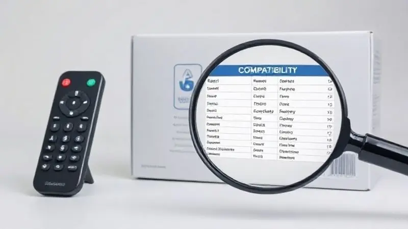 Lupa focada em uma lista de marcas de ar-condicionado na embalagem de um controle remoto universal, simbolizando a verificação de compatibilidade.