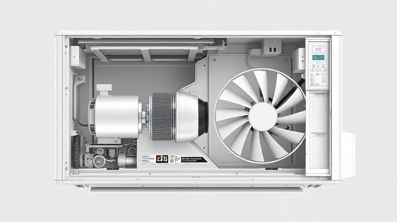 Diagrama em vista explodida de um ar-condicionado moderno, mostrando seus componentes internos essenciais como o compressor, condensador e evaporador.