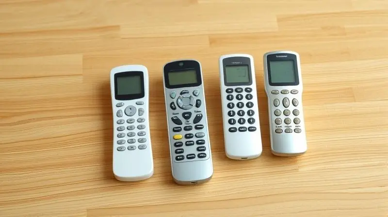 Um controle remoto universal posicionado ao lado de vários controles antigos de ar-condicionado, ilustrando o conceito de substituição e universalidade.